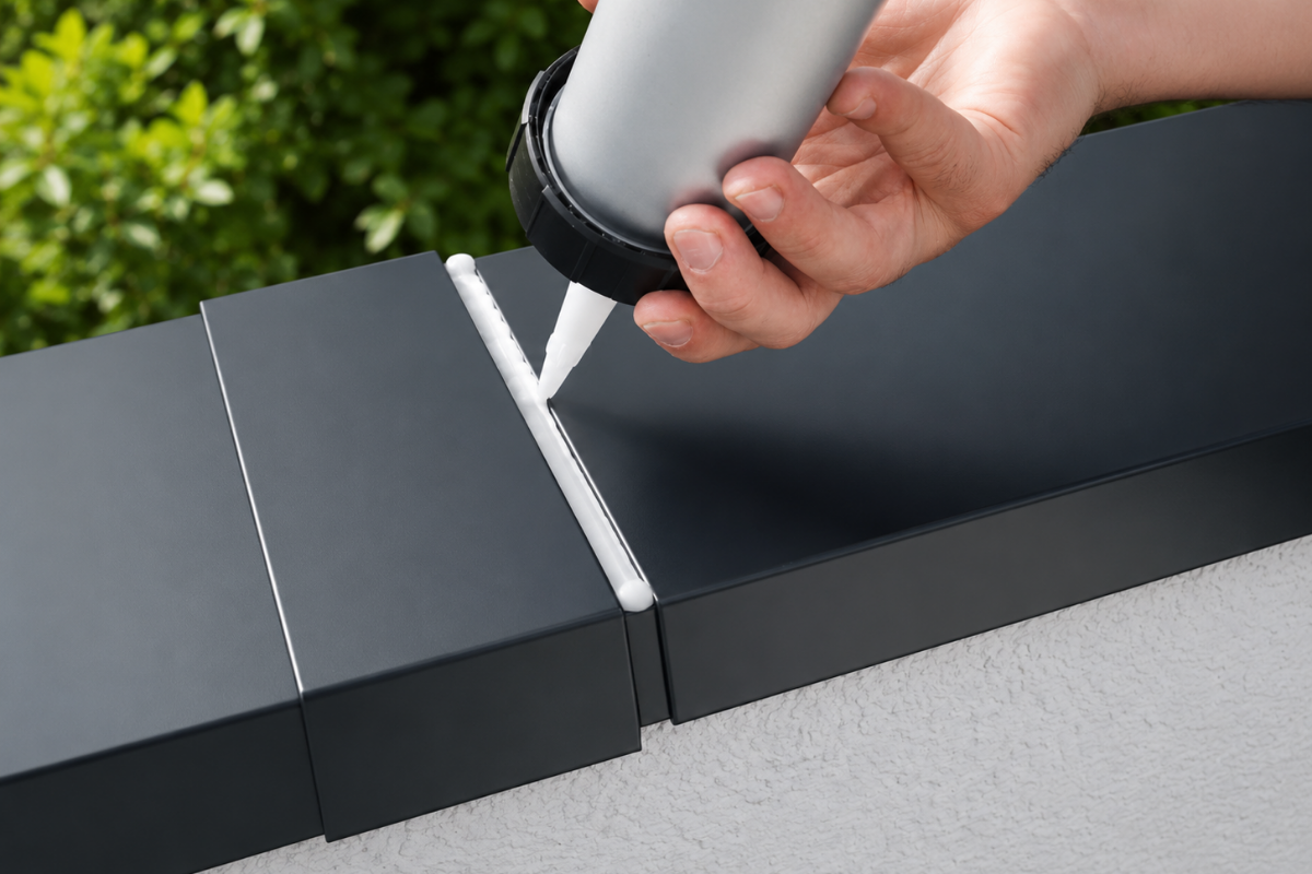 Pose eclisse couvertine alu Gris Ardoise RAL 7016 - Application du silicone neutre sur la jonction